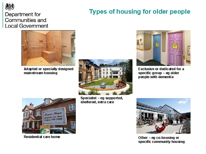 Types of housing for older people Adapted or specially designed mainstream housing Exclusive or