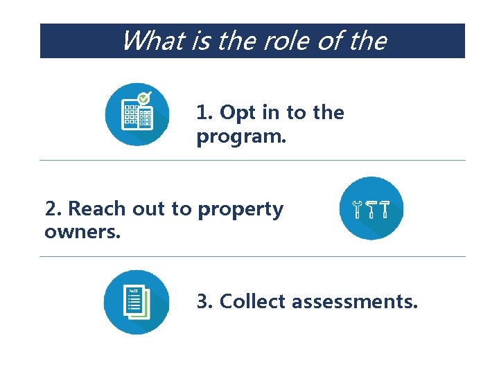 What is the role of the municipality? 1. Opt in to the program. 2.