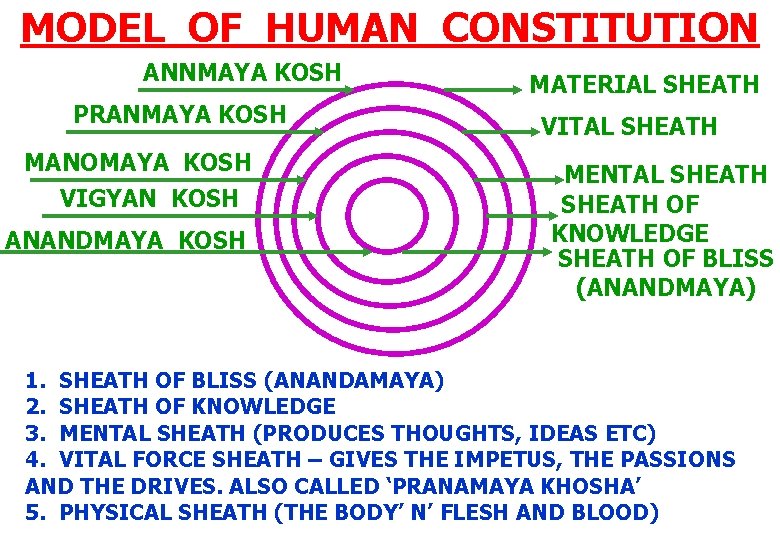 MODEL OF HUMAN CONSTITUTION ANNMAYA KOSH PRANMAYA KOSH MANOMAYA KOSH VIGYAN KOSH ANANDMAYA KOSH
