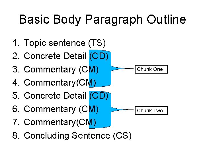 Basic Body Paragraph Outline 1. 2. 3. 4. 5. 6. 7. 8. Topic sentence