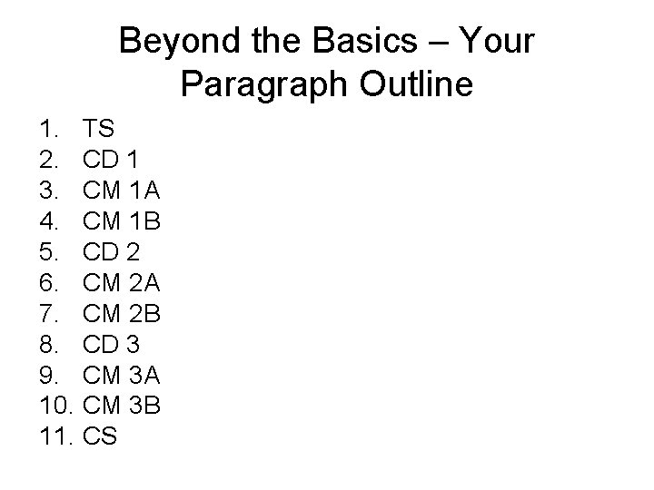Beyond the Basics – Your Paragraph Outline 1. TS 2. CD 1 3. CM