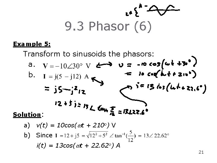 9. 3 Phasor (6) Example 5: Transform to sinusoids the phasors: a. b. Solution: 9. 3 Phasor (6) Example 5: Transform to sinusoids the phasors: a. b. Solution: