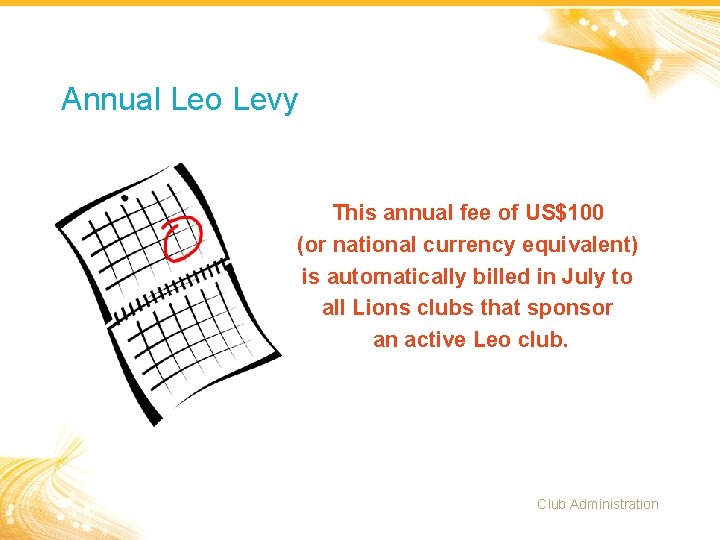 Annual Leo Levy This annual fee of US$100 (or national currency equivalent) is automatically