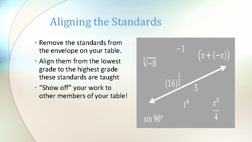 Aligning the Standards • Remove the standards from the envelope on your table. •