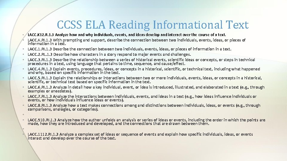 CCSS ELA Reading Informational Text • LACC. K 12. R. 1. 3 Analyze how