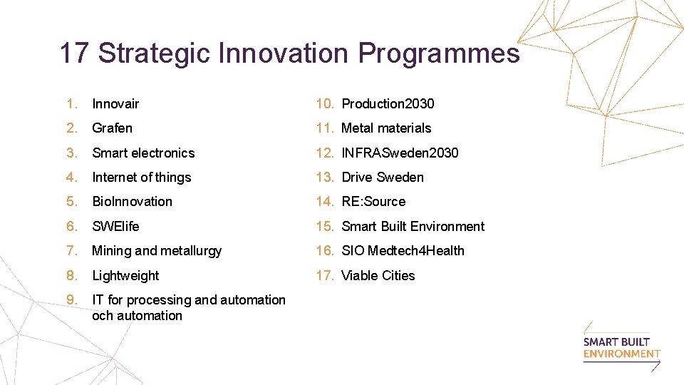 17 Strategic Innovation Programmes 1. Innovair 10. Production 2030 2. Grafen 11. Metal materials