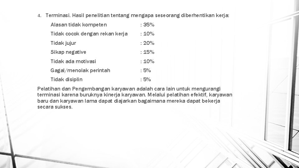 4. Terminasi. Hasil penelitian tentang mengapa seseorang diberhentikan kerja: Alasan tidak kompeten : 35%