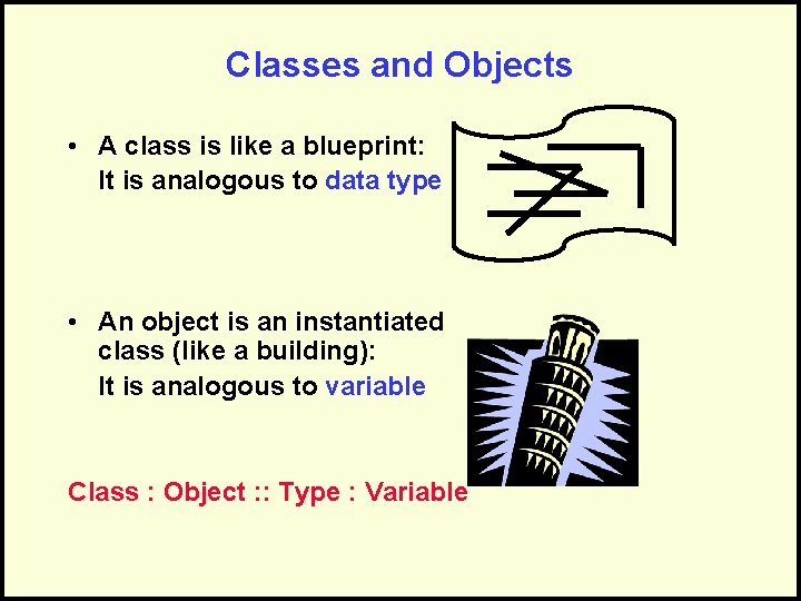 Classes and Objects • A class is like a blueprint: It is analogous to