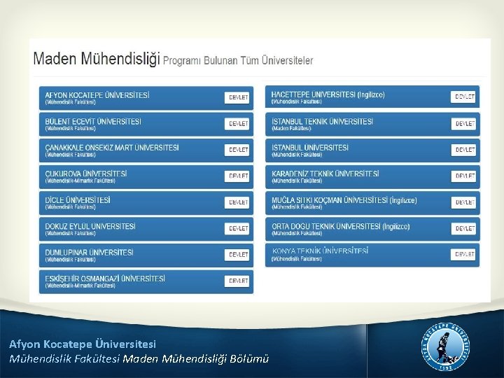 Afyon Kocatepe Üniversitesi Mühendislik Fakültesi Maden Mühendisliği Bölümü 