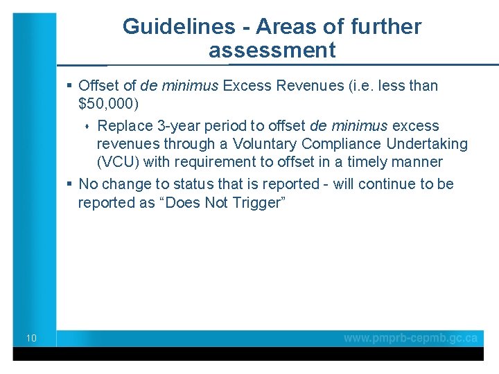 Guidelines - Areas of further assessment § Offset of de minimus Excess Revenues (i.