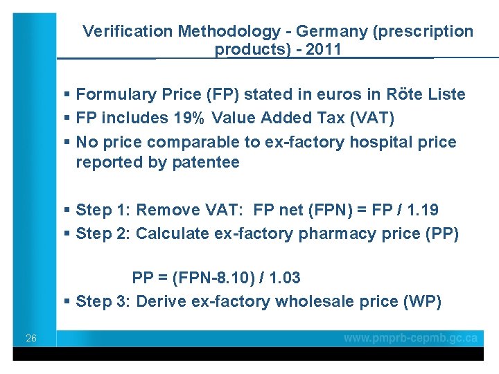 Verification Methodology - Germany (prescription products) - 2011 § Formulary Price (FP) stated in