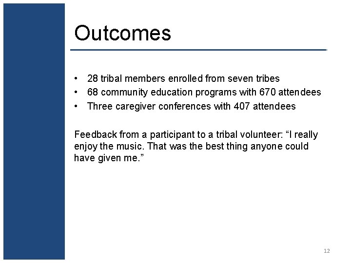 Outcomes • 28 tribal members enrolled from seven tribes • 68 community education programs