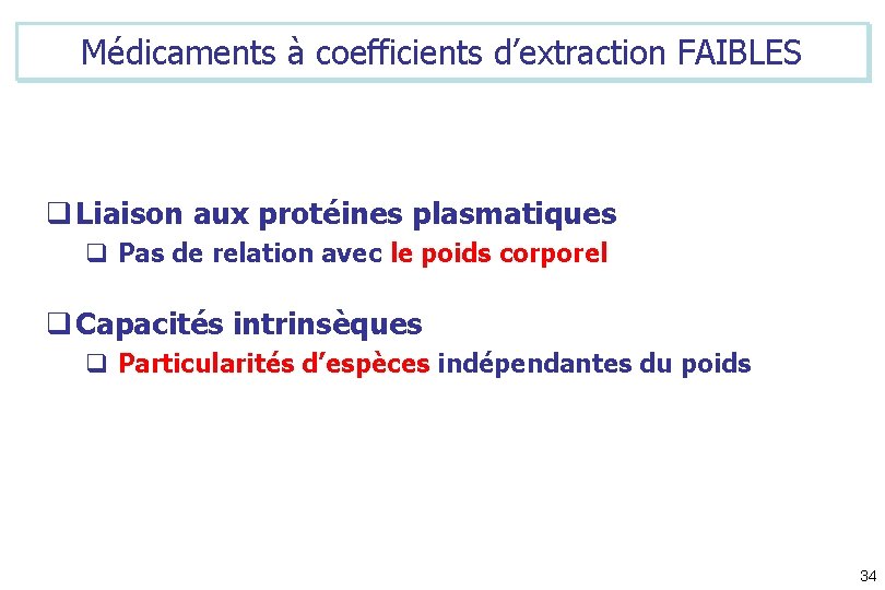 Médicaments à coefficients d’extraction FAIBLES q Liaison aux protéines plasmatiques q Pas de relation