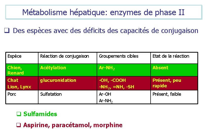 Métabolisme hépatique: enzymes de phase II q Des espèces avec des déficits des capacités