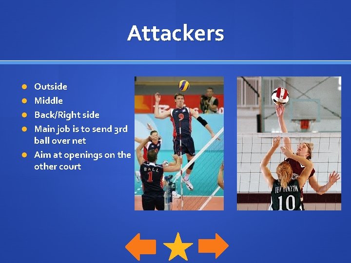 Attackers Outside Middle Back/Right side Main job is to send 3 rd ball over