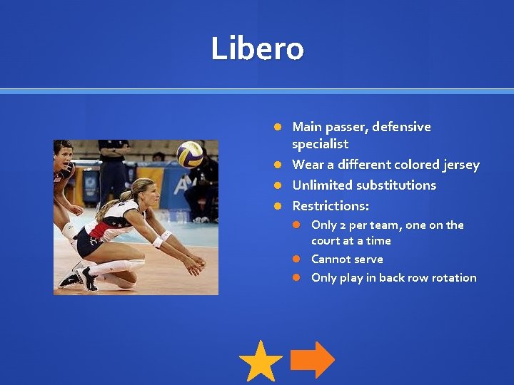 Libero Main passer, defensive specialist Wear a different colored jersey Unlimited substitutions Restrictions: Only