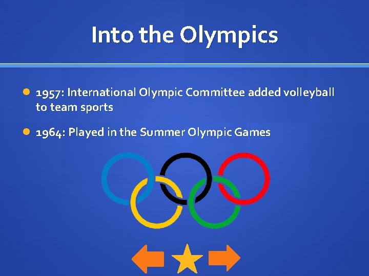 Into the Olympics 1957: International Olympic Committee added volleyball to team sports 1964: Played