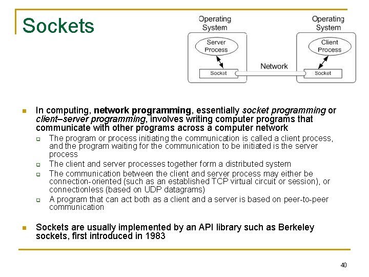 Sockets n In computing, network programming, essentially socket programming or client–server programming, involves writing