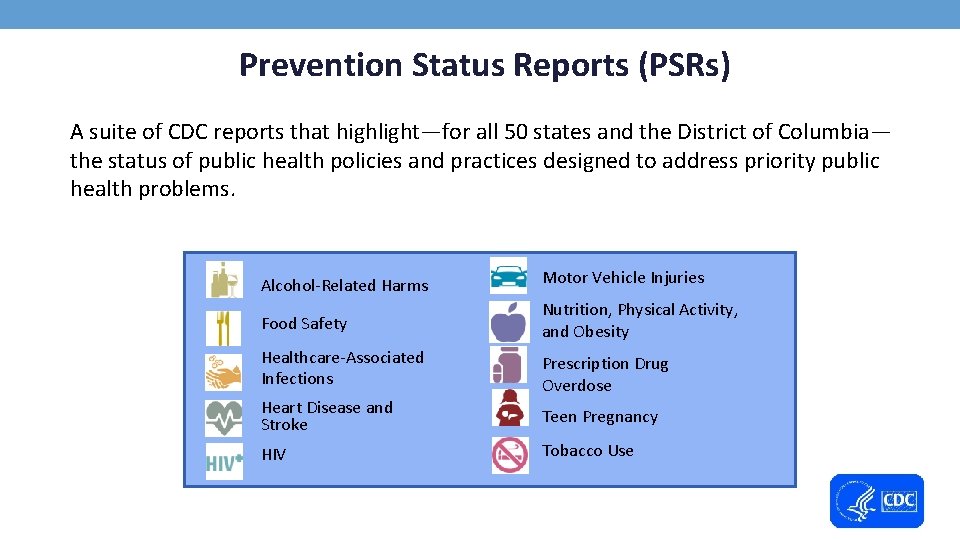 Prevention Status Reports (PSRs) A suite of CDC reports that highlight—for all 50 states