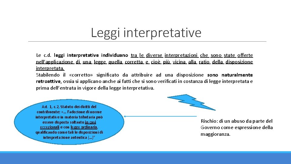 Leggi interpretative Le c. d. leggi interpretative individuano tra le diverse interpretazioni che sono