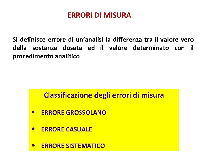 ERRORI DI MISURA Si definisce errore di un’analisi la differenza tra il valore vero