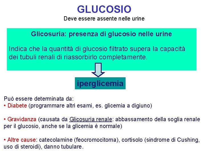 GLUCOSIO Deve essere assente nelle urine Glicosuria: presenza di glucosio nelle urine Indica che