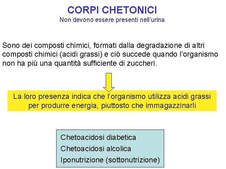 CORPI CHETONICI Non devono essere presenti nell’urina Sono dei composti chimici, formati dalla degradazione