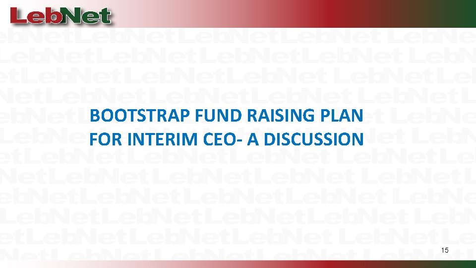 BOOTSTRAP FUND RAISING PLAN FOR INTERIM CEO- A DISCUSSION 15 