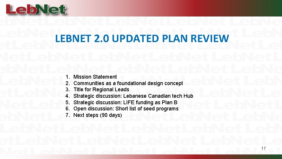 LEBNET 2. 0 UPDATED PLAN REVIEW 1. 2. 3. 4. 5. 6. 7. Mission