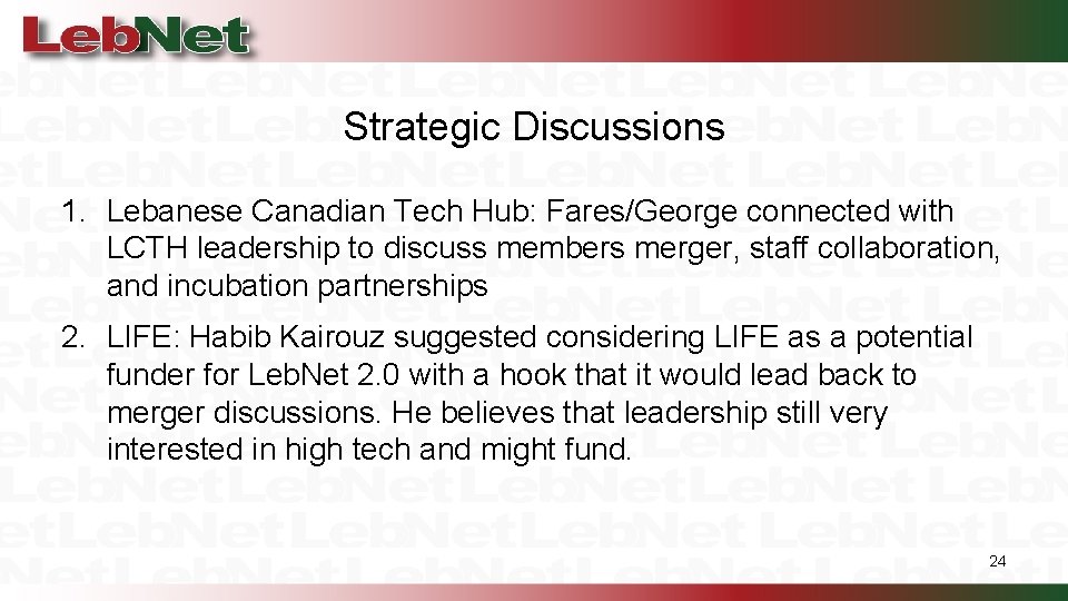 Strategic Discussions 1. Lebanese Canadian Tech Hub: Fares/George connected with LCTH leadership to discuss