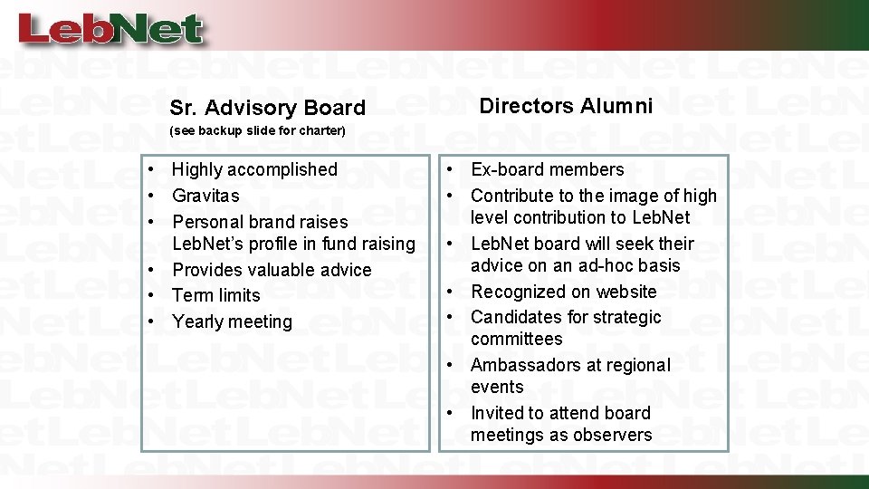 Sr. Advisory Board Directors Alumni (see backup slide for charter) • Highly accomplished •