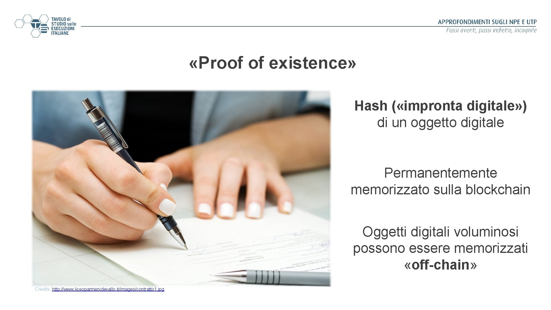  «Proof of existence» Hash ( «impronta digitale» ) di un oggetto digitale Permanentemente