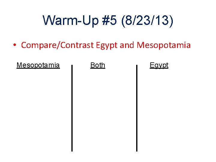 Warm-Up #5 (8/23/13) • Compare/Contrast Egypt and Mesopotamia Both Egypt 