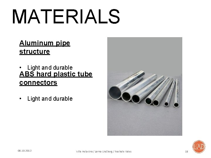 MATERIALS Aluminum pipe structure • Light and durable ABS hard plastic tube connectors •