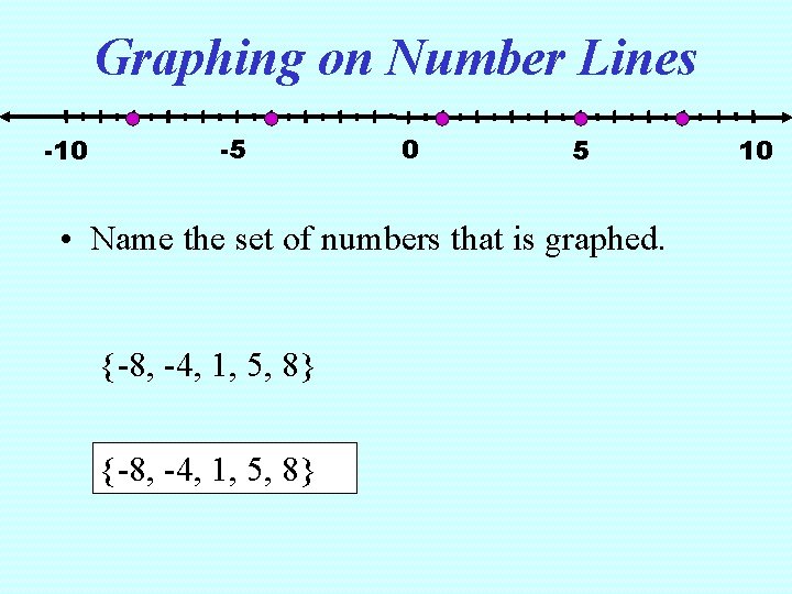 Graphing on Number Lines -10 -5 0 5 • Name the set of numbers