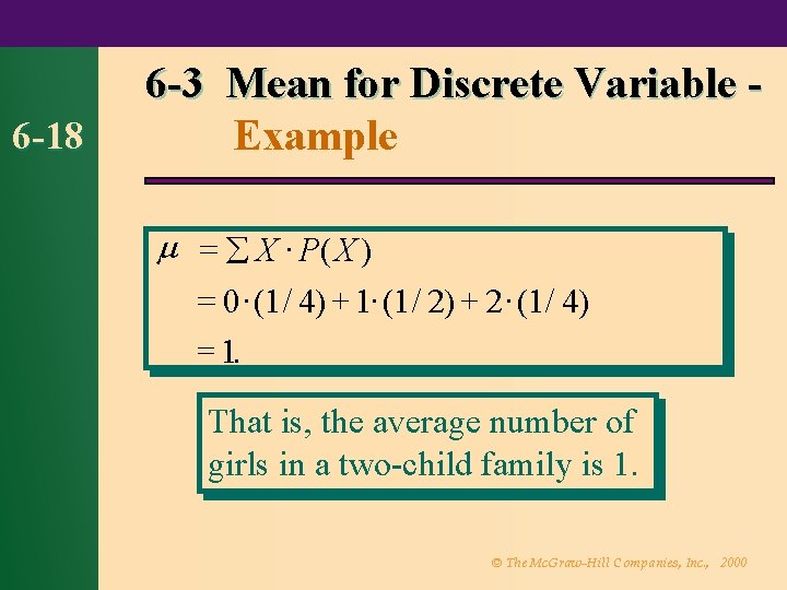 6 -18 6 -3 Mean for Discrete Variable Example X P( X ) 0