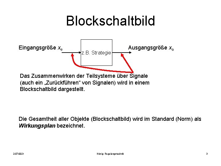 Blockschaltbild Eingangsgröße xe z. B. Strategie Ausgangsgröße xa Das Zusammenwirken der Teilsysteme über Signale