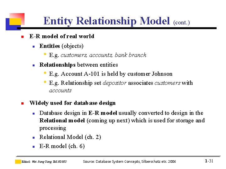 Entity Relationship Model (cont. ) n E-R model of real world n n n Entity Relationship Model (cont. ) n E-R model of real world n n n