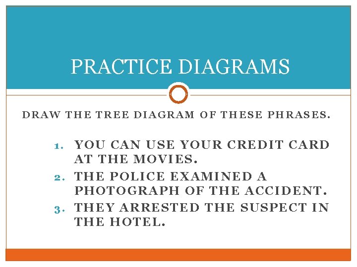 PRACTICE DIAGRAMS DRAW THE TREE DIAGRAM OF THESE PHRASES. YOU CAN USE YOUR CREDIT