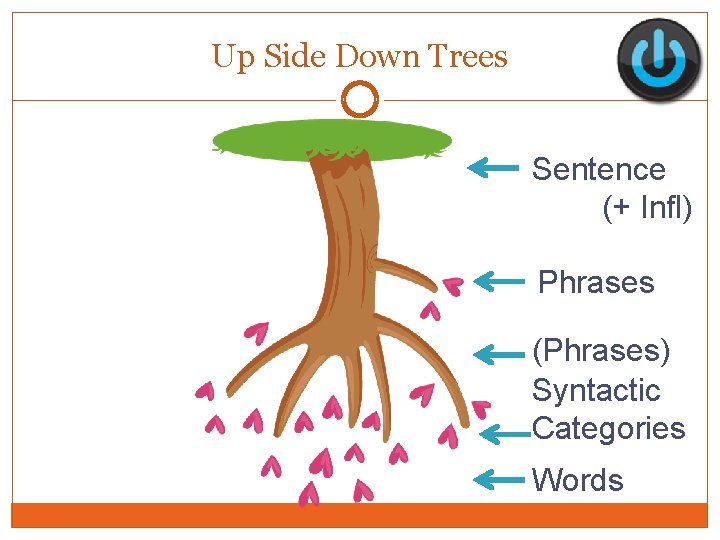 Up Side Down Trees Sentence (+ Infl) Phrases (Phrases) Syntactic Categories Words 