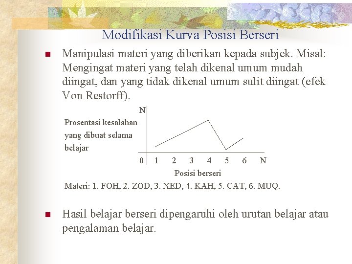 Modifikasi Kurva Posisi Berseri n Manipulasi materi yang diberikan kepada subjek. Misal: Mengingat materi