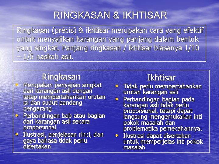 RINGKASAN & IKHTISAR Ringkasan (précis) & ikhtisar merupakan cara yang efektif untuk menyajikan karangan RINGKASAN & IKHTISAR Ringkasan (précis) & ikhtisar merupakan cara yang efektif untuk menyajikan karangan
