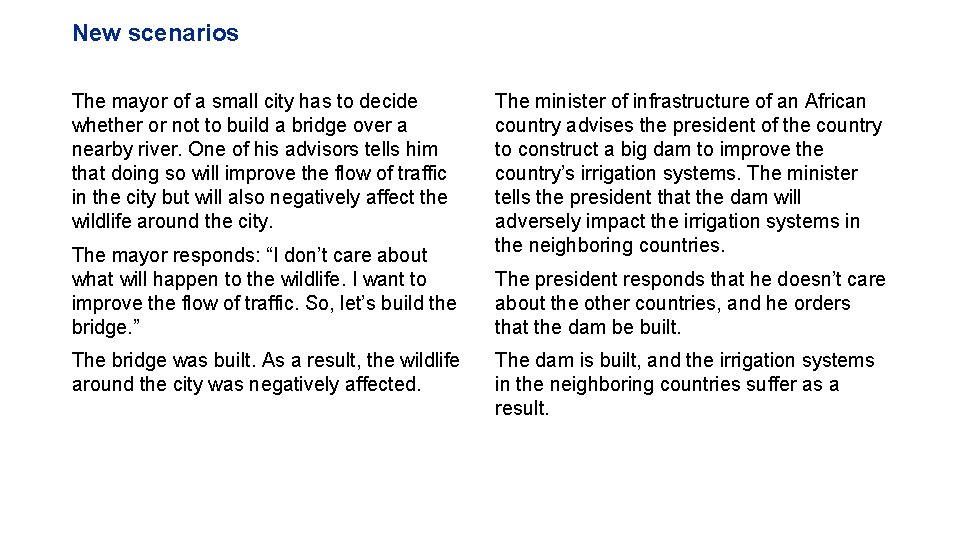 New scenarios The mayor of a small city has to decide whether or not