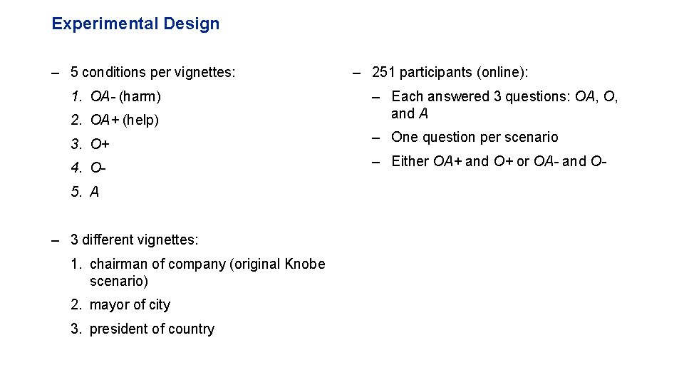 Experimental Design – 5 conditions per vignettes: 1. OA- (harm) – 251 participants (online):