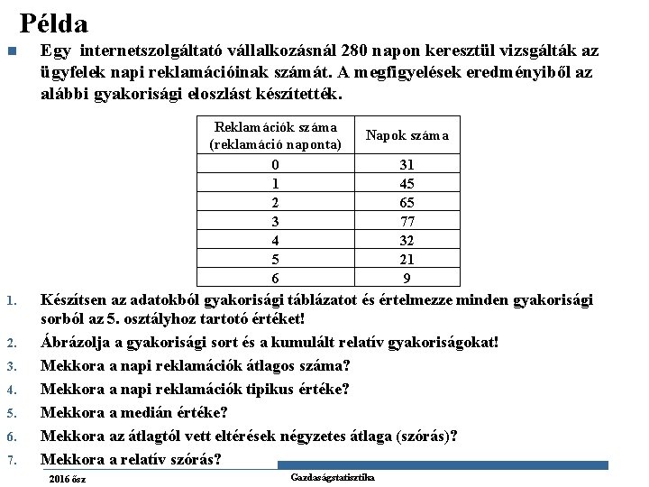 Példa n Egy internetszolgáltató vállalkozásnál 280 napon keresztül vizsgálták az ügyfelek napi reklamációinak számát.