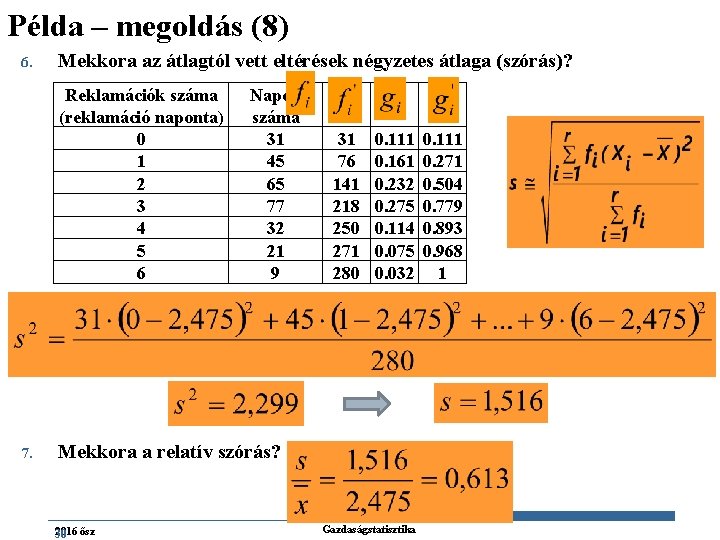 Példa – megoldás (8) 6. Mekkora az átlagtól vett eltérések négyzetes átlaga (szórás)? Reklamációk