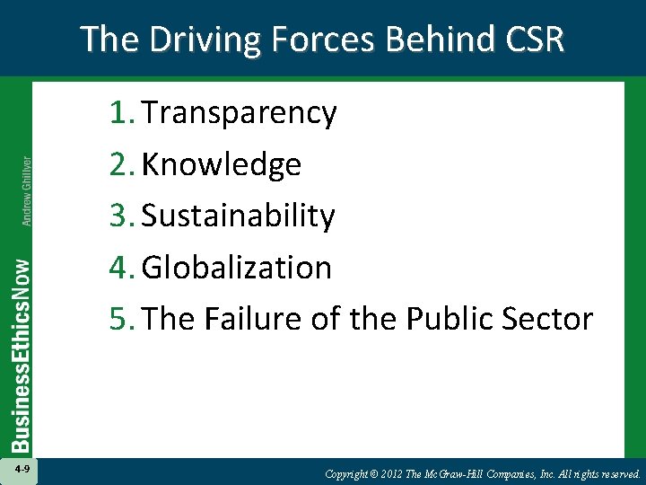 The Driving Forces Behind CSR 1. Transparency 2. Knowledge 3. Sustainability 4. Globalization 5.