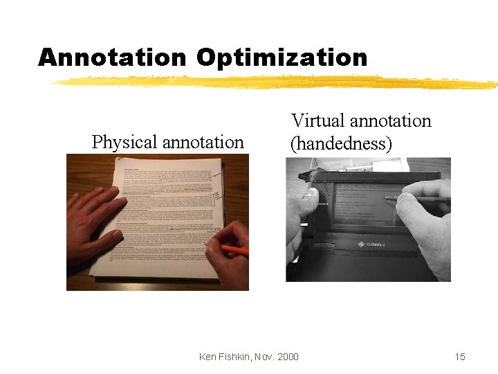 Annotation Optimization Physical annotation Virtual annotation (handedness) Ken Fishkin, Nov. 2000 15 