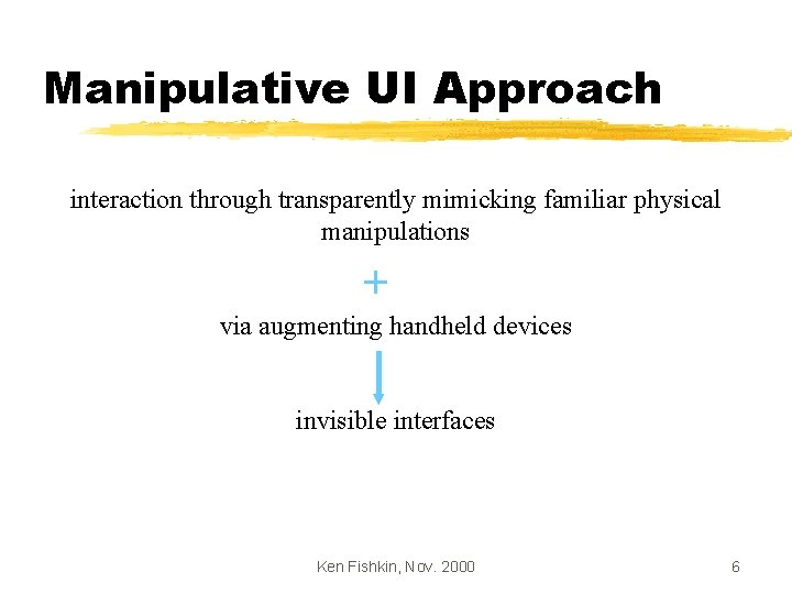 Manipulative UI Approach interaction through transparently mimicking familiar physical manipulations + via augmenting handheld