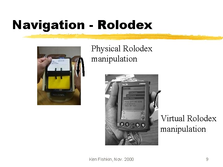 Navigation - Rolodex Physical Rolodex manipulation Virtual Rolodex manipulation Ken Fishkin, Nov. 2000 9